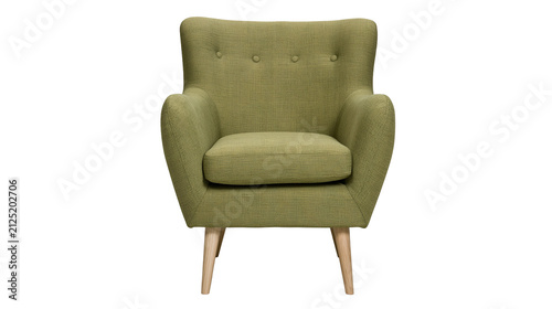 Foto Textured green armchair with button tufting and tapered wooden legs, isolated on