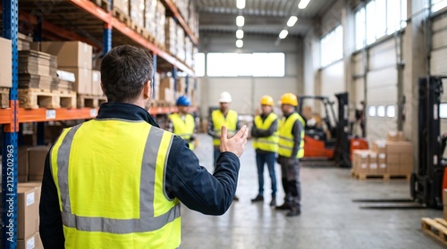 Warehouse Manager Leading a Team Meeting in a Distribution Center Logistics Facility