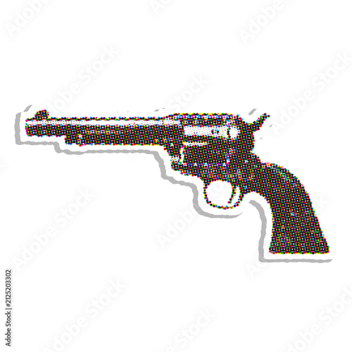 Revolver silhouette composed of colorful CMYK halftone dots
