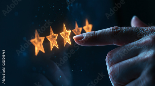 Five Star Review: A close-up shot shows a finger pointing to five glowing stars, symbolizing an excellent rating or high satisfaction.