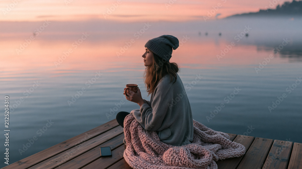 Obraz premium Serene Solitude at Dawn: A woman wrapped in a cozy blanket and a warm hat sips a hot beverage on a wooden pier, overlooking a tranquil lake at sunrise, her gaze lost in the peaceful dawn.