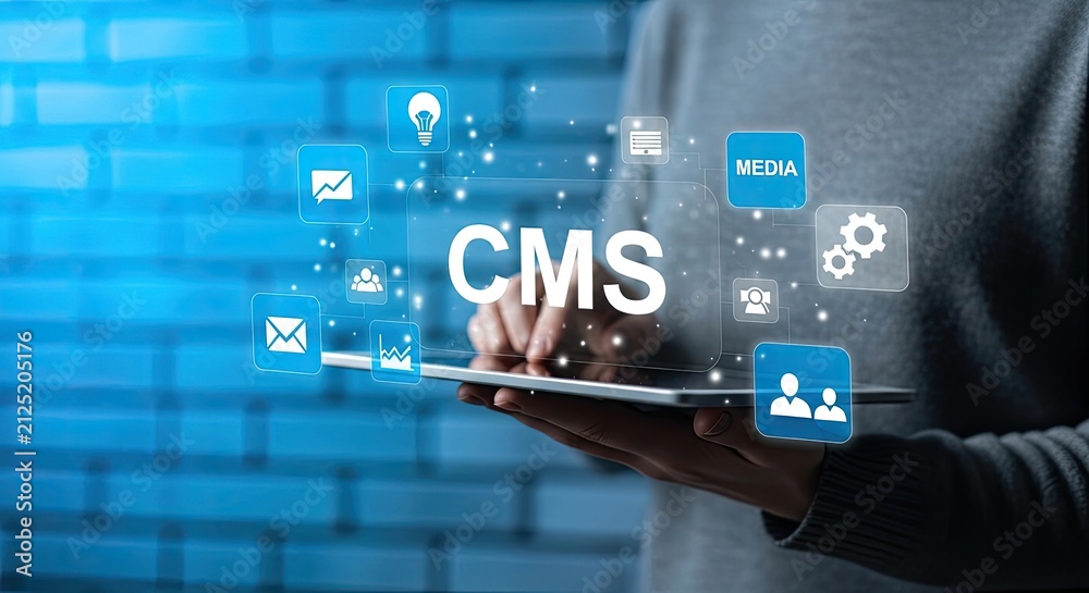Fototapeta premium Digital CMS Interface Displayed on Tablet with Icons Representing Business Functions.