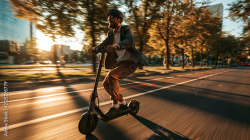 Urban Commute on Electric Scooter: A man enjoys a sunny urban commute, effortlessly gliding on an electric scooter past trees and buildings, with motion blur capturing the dynamic movement.