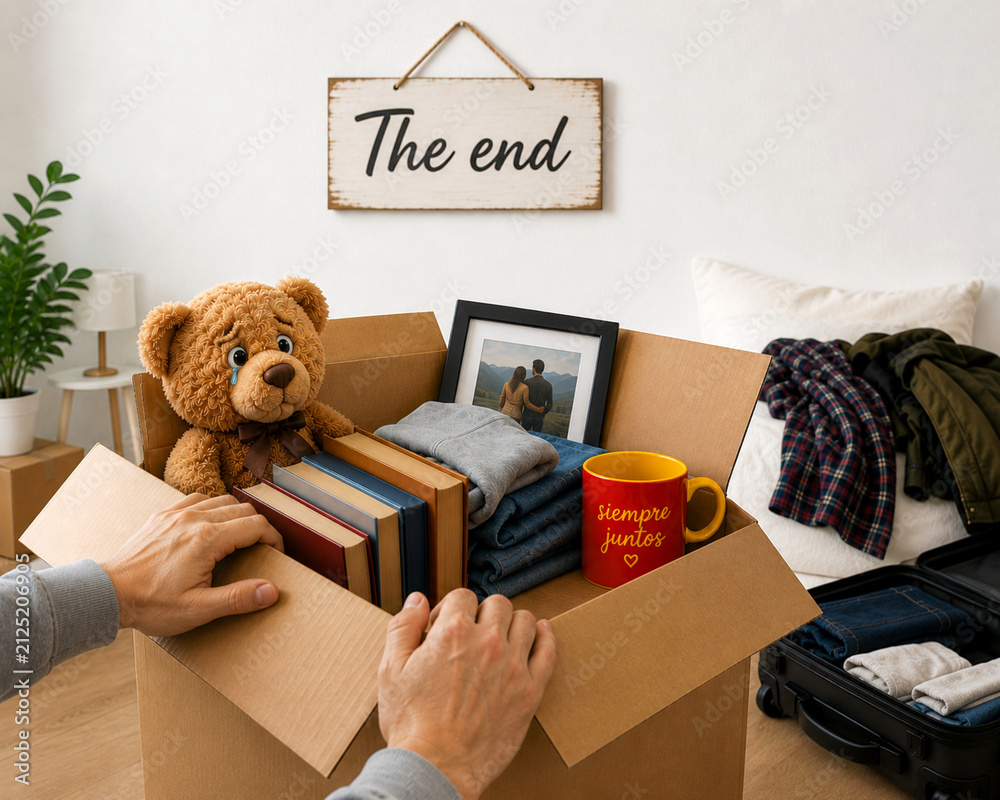 Fototapeta premium Caja con recuerdos por separación y ruptura final de pareja sentimental y cartel letrero the end por divorcio y desamor recoger y guardar objetos