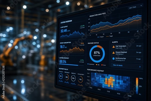 Digital monitor displaying industrial production analytics dashboard with real-time data on machine status, system efficiency, and performance metrics in a smart factory