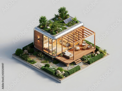 Modern modular tiny house isometric 3D render with green rooftop solar panels and garden terrace