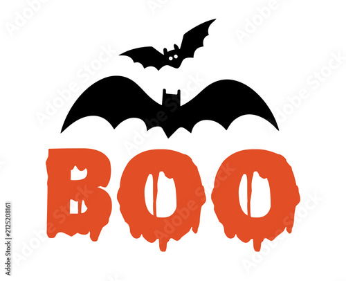 Boo Halloween Lettering with Bats, Spooky Hand Drawn Typography Vector Illustration