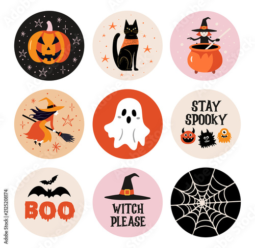 Happy Halloween Round Sticker Set with Pumpkin, Skull, Bat, Candy Corn and Witch Hat
