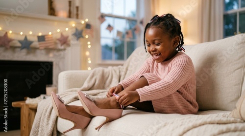 A cheerful African American girl tries on mom oversized high heels while playing at home. The indoor shot suits family blogs, lifestyle web sites, and editorial articles, on blurred background.
