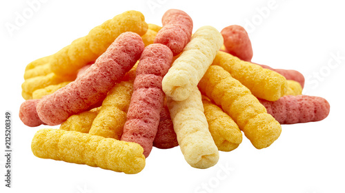Obraz na plátně Pile of colorful puffed corn snacks, isolated on transparent background