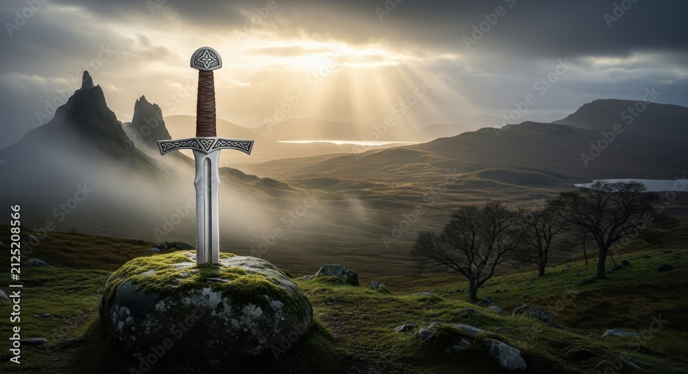 Obraz premium Legendary Medieval Sword Stuck in a Mossy Rock in a Dramatic Mountain Landscape with Sunbeams