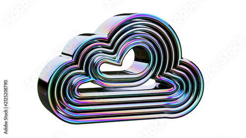 Iridescent chrome cloud shape with layered contours, isolated on transparent background