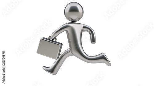 Shiny chrome businessman figure running with briefcase, isolated on transparent background
