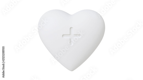 White heart shape with embossed plus symbol, isolated on transparent background