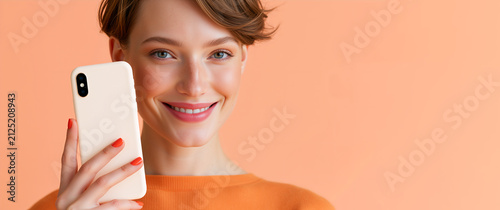 Smiling young woman holding smartphone on orange background. Female person showing mobile phone back. Technology and communication concept