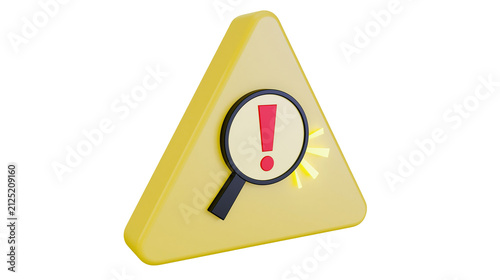 Yellow warning triangle with magnifying glass over exclamation mark, isolated on transparent background