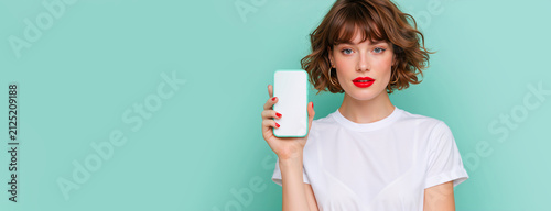 Young woman with short wavy hair holding smartphone with blank screen on mint green background. Blank area for text. Technology and communication concept