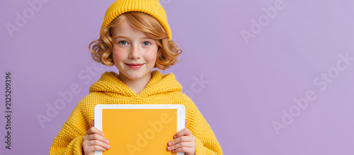Smiling young girl holding tablet with blank screen on purple background. Child with red hair in yellow beanie and hoodie showing display for text