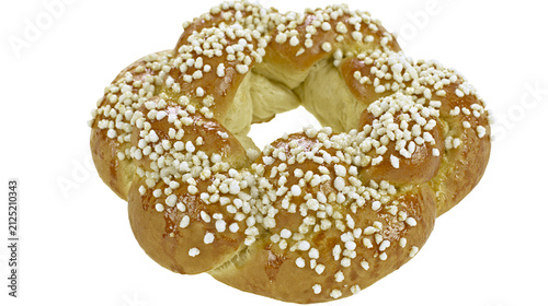 Fotografie Golden brown braided sweet bread ring with white sugar pearls, isolated on trans