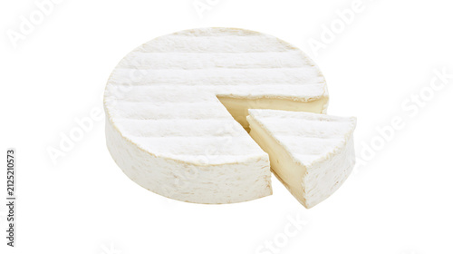 Round white bloomy rind cheese with a slice cut out, isolated on transparent background