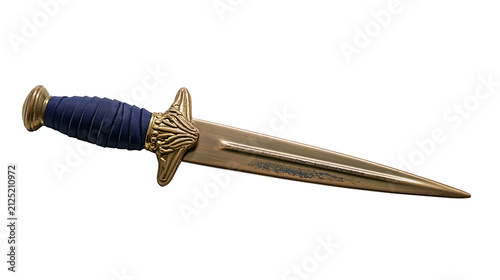 Obraz na plátně Antique bronze dagger with ornate gold guard and blue wrapped handle, isolated o