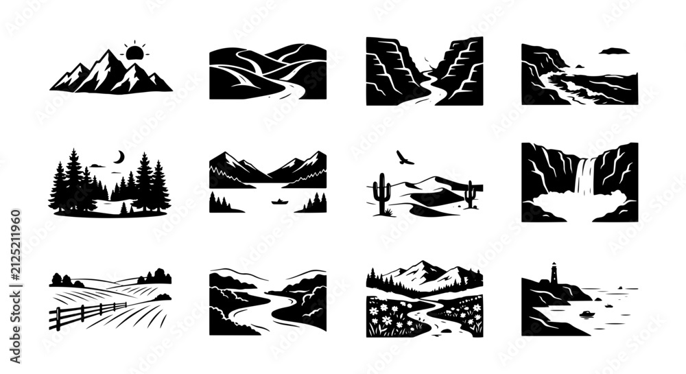 Fototapeta premium Vector Landscape Icons Set: Mountain, River, Forest, Desert, Coastline, Waterfall, Farm Scenes