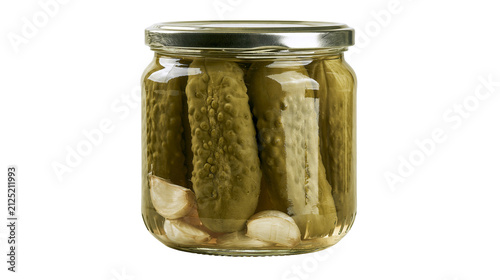 фотографія Glass jar filled with dill pickles and garlic cloves, isolated on transparent ba