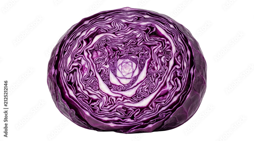 Fototapeta premium Cross-section of fresh red cabbage showing intricate purple and white leaf patterns.
