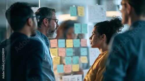 Strategy Session: A focused team of business professionals collaborates around a glass wall covered with sticky notes, brainstorming ideas and strategizing for future success.
