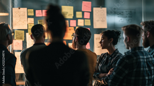 Team Brainstorming Session: A diverse group of colleagues stands around a glass wall covered with sticky notes and papers, engaged in a collaborative brainstorming session.