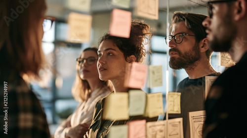 Team Brainstorming Session: A diverse group of colleagues collaborate around a glass wall covered in colorful sticky notes, intensely focused on brainstorming ideas and developing strategies.