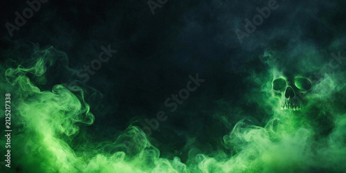 фотографія Halloween Skull Green Smoke Background - Spooky Horror Toxic Fog