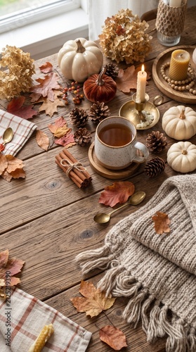 A cozy autumn scene unfolds on a rustic wooden table, adorned with mini pumpkins, fallen leaves, pinecones, a warm candle, and a steaming mug of coffee, exuding comfort and seasonal charm.