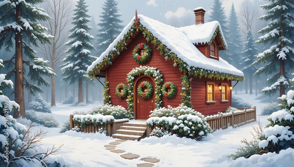 Fototapeta premium Red wooden cabin decorated with Christmas wreaths surrounded by snowy pine forest