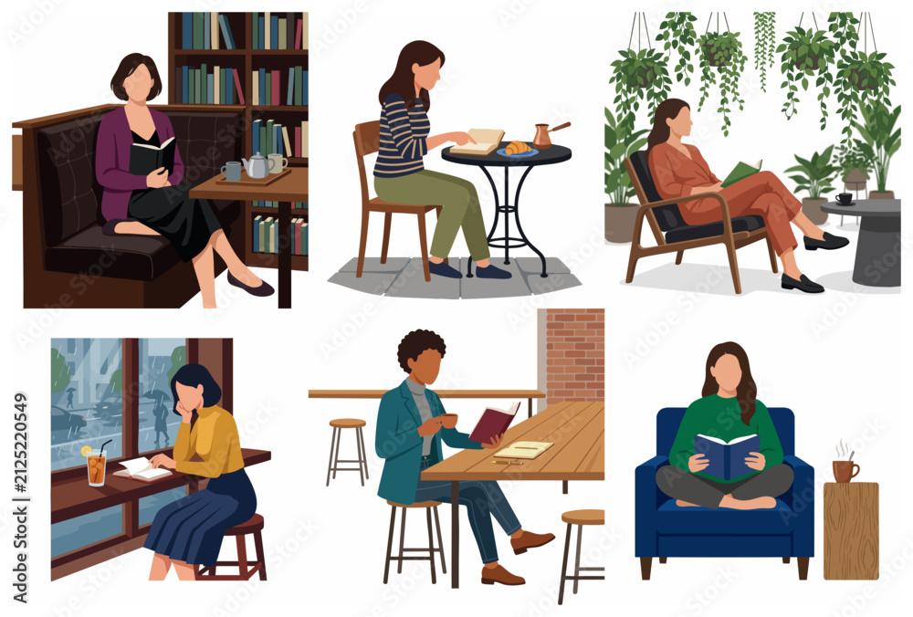 Fototapeta premium Collection of flat vector illustrations of diverse women reading books and enjoying coffee in various cozy indoor settings like cafes, libraries, and home gardens