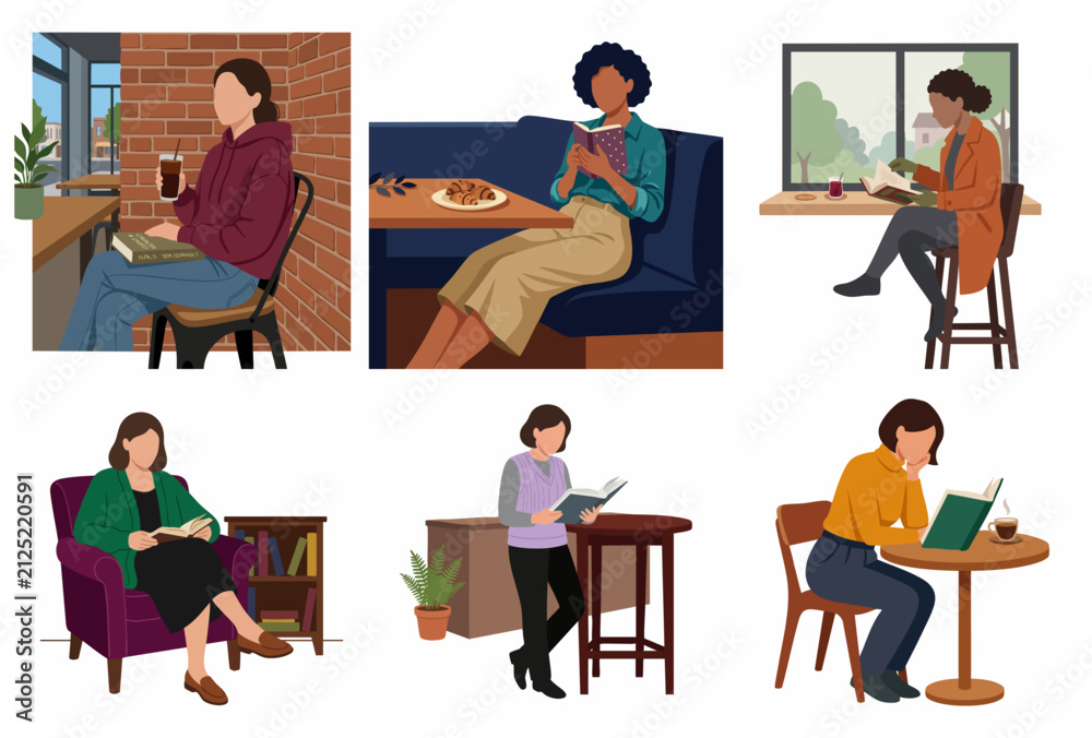 Fototapeta premium Collection of flat illustrations of women reading books in cozy cafe and home environments