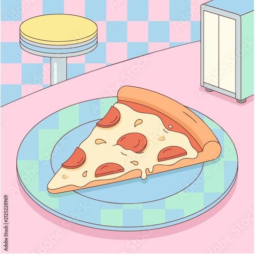 Vector style, minimalist flat art, a detailed single slice of classic New York-style pepperoni pizza with melting cheese and a checkered diner background, pastel color palette, clean vector lines