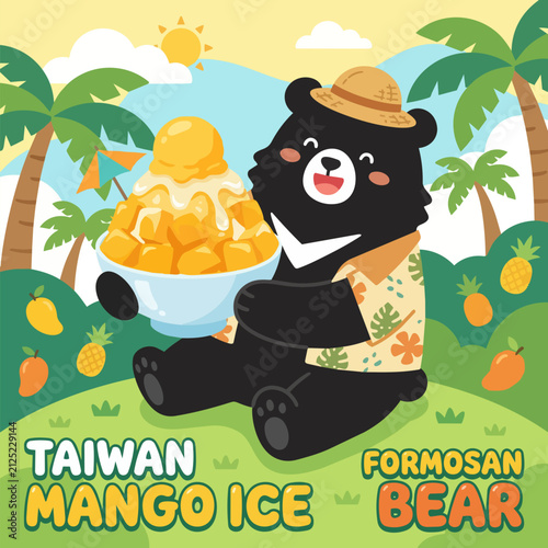 Vector style, flat art, cute stylized Formosan black bear holding a sweet tropical mango shaved ice dessert, playful cartoon vector design