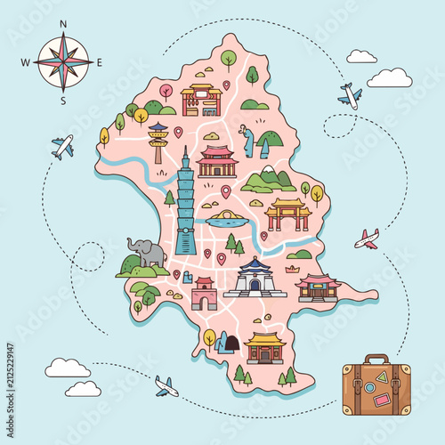 Vector style, flat design, a whimsical illustrated travel map of Taipei surrounded by dotted flight paths, a compass rose, and a cute vintage luggage icon, bright cheerful colors