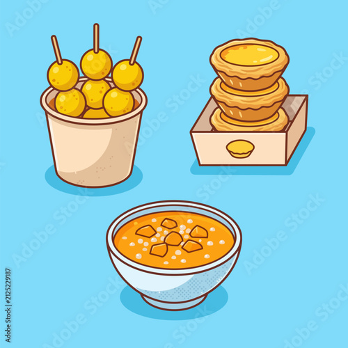 Vector style, flat design, a playful arrangement of iconic Hong Kong street snacks featuring curry fishballs, egg tarts, and sweet mango sago soup, bright cheerful colors,