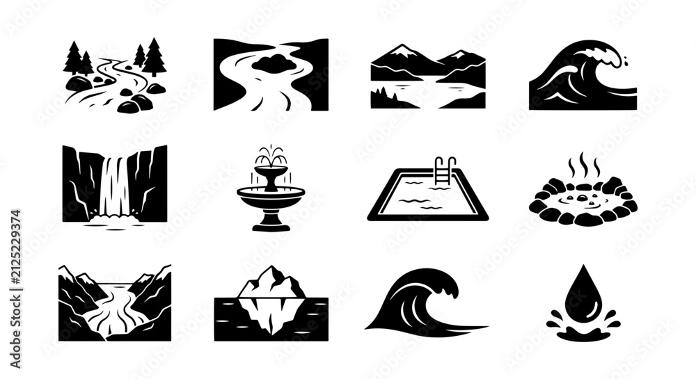 Fototapeta premium Water Landscape Icons Set: River, Waterfall, Ocean Wave, Lake, Pool, Iceberg, Fountain