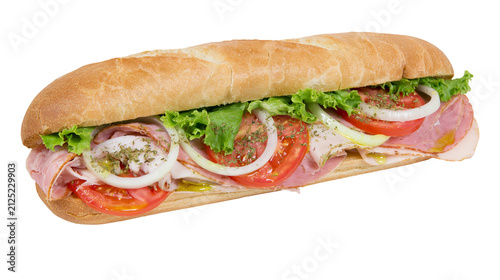 Hearty sub sandwich with ham turkey lettuce tomato and onion, isolated on transparent background