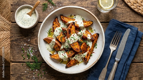 Delicious roasted sweet potato wedges with creamy herb sauce on rustic wooden table