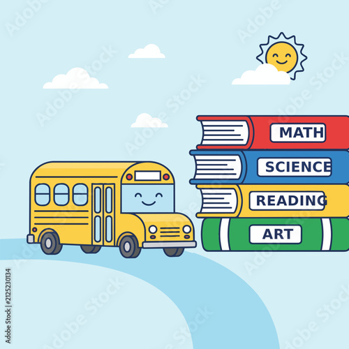 Vector style, flat design, a cute smiling school bus driving past a stack of colorful textbooks, vibrant primary colors, clean lines, minimalist background, 2D vector art