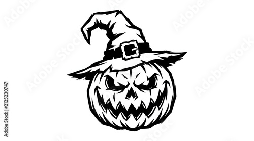 Evil Halloween pumpkin with witch hat scary jack o lantern vector illustration isolated on white background