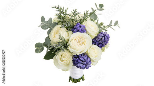 Bild auf Leinwand Creamy white roses and purple hyacinths bouquet with eucalyptus, isolated on tra