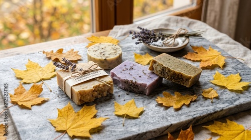 Artisanal soaps and dried lavender nestled among vibrant autumn leaves on a marble surface.