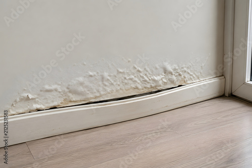 Water Damaged Wall with Swollen Baseboard and Peeling Paint