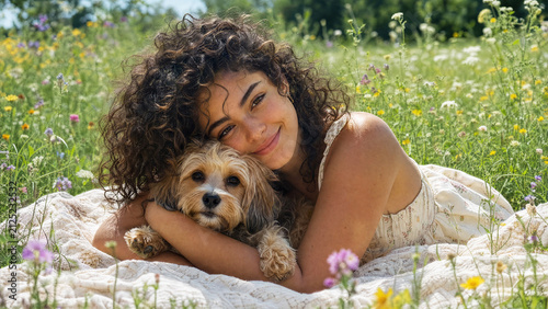 Smiling young woman hugging her small dog while lying on blanket in wildflower meadow