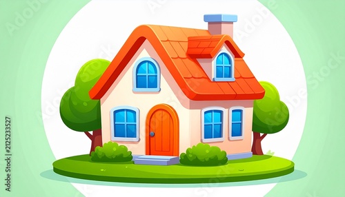 Charming cartoon house illustration with orange roof, blue windows, and lush green garden on a light green background, vector style